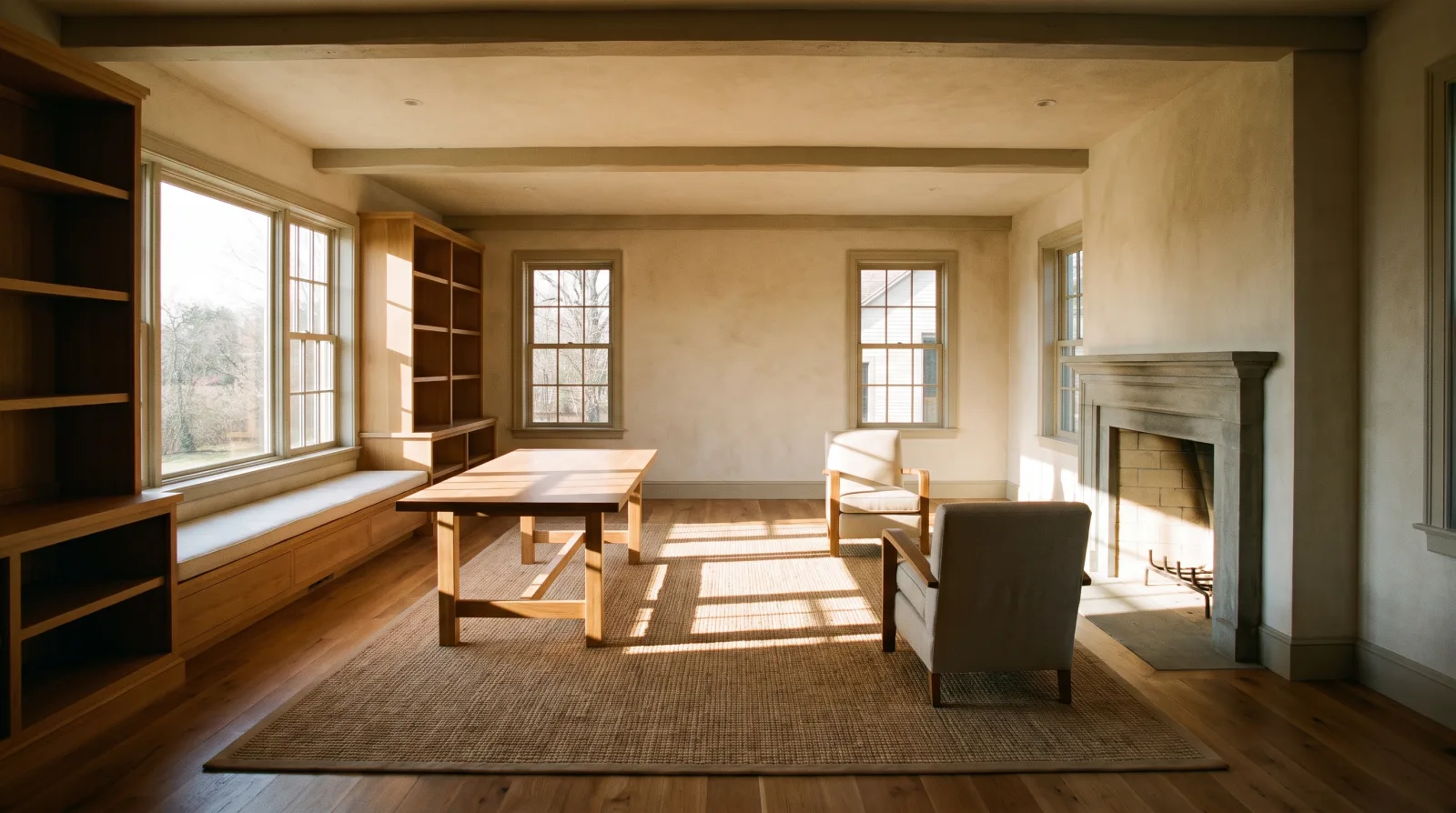 An empty, quiet room set up as a calm planning space for fiduciary paperwork-free discussion